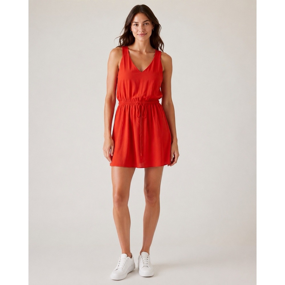 Athleta Savannah Strap Mini Dress Size M Orange Red Drawstring Waist